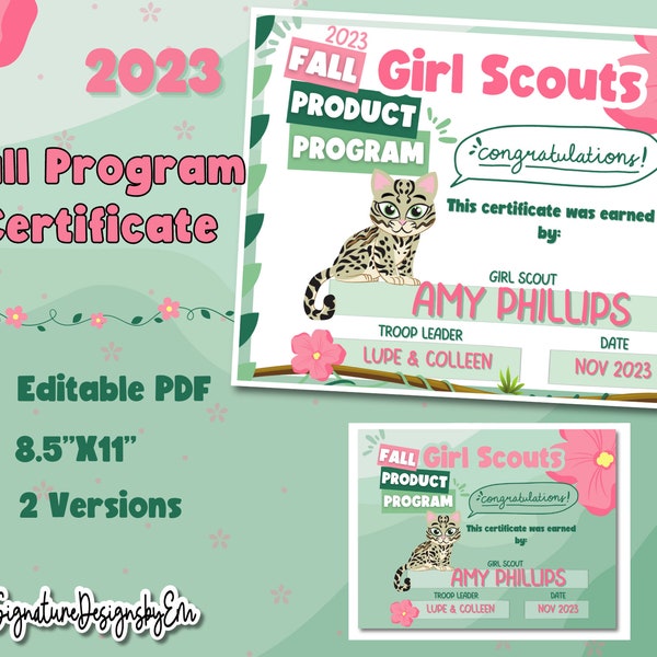 Girl Scout Fall Product Certificate, Fall Nut & Candy Award, 2023, Ocelot, Digital Download, Printable Editable PDF