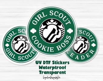 Calcomanía Girl Scout UV DTF, pegatinas impermeables, regalo de bricolaje para líder de Girl Scout, jefe de galletas, taza de Girl Scout, transparente