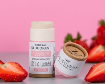 Strawberry + Vanilla | Travel Mineral Deodorant Push Up Stick |  baking soda free deodorant unique vegan personal care