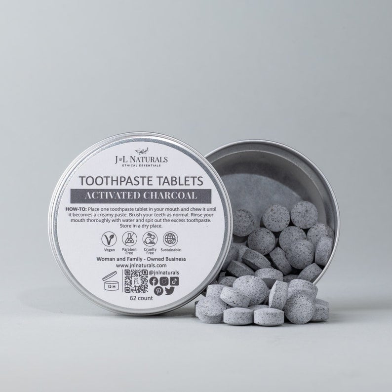 Mint Toothpaste Tablets, Zero Waste Toothpaste, Handmade Gift, Chew Tabs, Natural Tooth Tablets, Travel Oral Care, Eco Friendly Dental Tabs Activated Charcoal