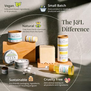 May include: A collection of natural beauty products, including a face salve, lip balm, toothpaste tablets, deodorant, and hair serum. The products are packaged in sustainable materials and are cruelty-free. The J&L Difference is highlighted, emphasizing the brand's commitment to natural, vegan, and sustainable practices.