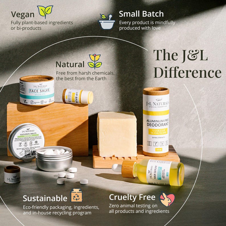 May include: A collection of natural beauty products, including a face salve, lip balm, toothpaste tablets, deodorant, and hair serum. The products are packaged in sustainable materials and are cruelty-free. The J&L Difference is highlighted, emphasizing the brand's commitment to natural, vegan, and sustainable practices.