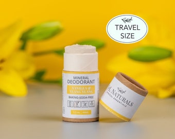 Vanille + Ylang-Ylang | Déodorant minéral en format voyage | Accessoires de voyage végétaliens entièrement naturels et zéro déchet, sans bicarbonate de soude