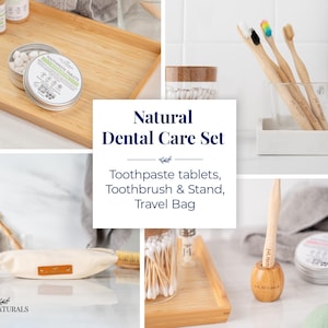 Kit de viaje ecológico: pastillas de pasta de dientes, cepillo de dientes con soporte y neceser. Set de higiene dental natural, accesorios de viaje y camping.