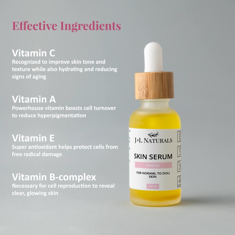 May include: A clear glass bottle with a bamboo lid filled with a yellow liquid. The bottle label reads "J+L Naturals Skin Serum Shine For Normal to Dull Skin 1.0 oz". The bottle is surrounded by text describing the benefits of vitamins C, A, E, and B-complex.