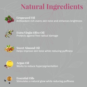 May include: A graphic with a grey background and white floral designs. The graphic lists five natural ingredients used in skincare products, including grapeseed oil, extra virgin olive oil, sweet almond oil, argan oil, and essential oils. Each ingredient is listed with a description of its benefits for the skin.