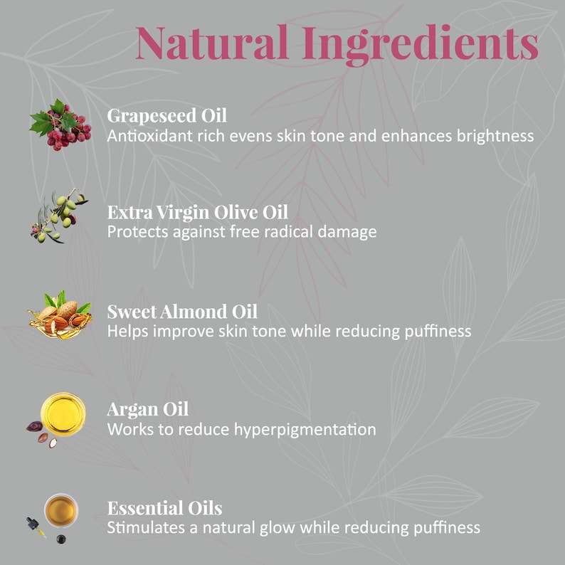 May include: A graphic with a grey background and white floral designs. The graphic lists five natural ingredients used in skincare products, including grapeseed oil, extra virgin olive oil, sweet almond oil, argan oil, and essential oils. Each ingredient is listed with a description of its benefits for the skin.