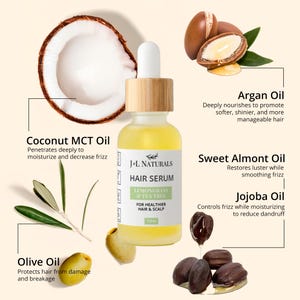May include: A glass bottle of hair serum with a wooden cap. The bottle is labeled "J+L Naturals Hair Serum Lemongrass & Tea Tree For Healthier Hair & Scalp". The bottle is surrounded by images of different oils, including argan oil, coconut oil, sweet almond oil, jojoba oil, and olive oil.