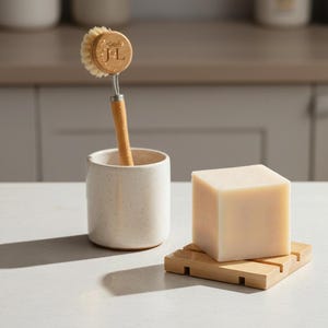 May include: A kitchen set featuring a dish brush with a wooden handle and a ceramic holder. A bar of soap rests on a bamboo soap dish. The dish brush has the initials "J L" engraved on the brush head.