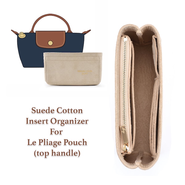 suede cotton and felt organizer insert for le pliage pouch with top handle - purse mini pochette cosmetique