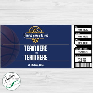 May include: A blue and gold printable ticket for a basketball game. The ticket says "You're going to see TEAM HERE vs TEAM HERE at Stadium Here". The ticket also has spaces for the name of the person to whom the ticket is given, the name of the person who gave the ticket, the date of the game, and a booking code.