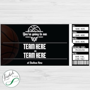 Puede incluir: Un boleto imprimible en blanco y negro para un partido de baloncesto. El boleto dice "You're going to see TEAM HERE vs TEAM HERE at Stadium Here". El boleto también tiene espacios para el nombre del destinatario, el nombre del remitente, la fecha y un código de reserva.