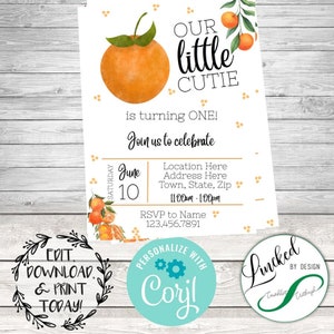 Little Cutie Orange Themed Birthday Invitation | EDITABLE | Digital Download