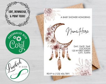 May include: A white baby shower invitation featuring a brown and white dreamcatcher with feathers and flowers. The text reads "A Baby Shower Honoring Name Here" and includes the day, date, time, location, and RSVP information.