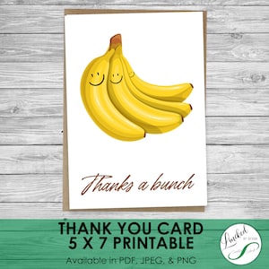 Carte de remerciement imprimable banane, carte de remerciement drôle • TÉLÉCHARGEMENT INSTANTANÉ • Notecard 5x7, télécharger et imprimer à la maison, pdf, png, jpeg