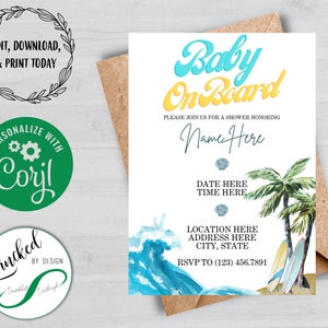 Baby on Board Invite | Surf Beach Baby Shower Editable Invitation | Summer Baby Shower | EDITABLE | Digital Download