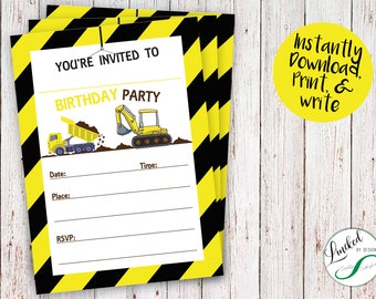 May include: Construction-themed birthday party invitations. The invitations feature a yellow and black hazard stripe border. The invitation text reads "You're Invited To Birthday Party". Includes illustrations of a dump truck and excavator. The invitations are ready to print and write.