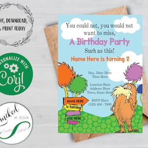 The Lorax Themed Birthday Invitation | EDITABLE | Digital Download