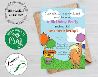 The Lorax Themed Birthday Invitation | EDITABLE | Digital Download