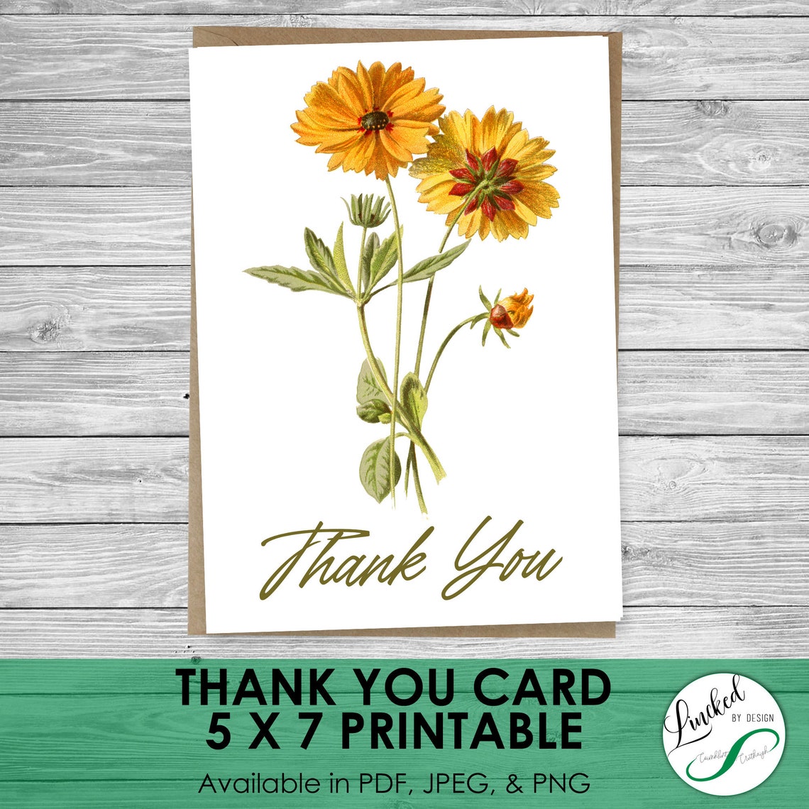 Sunflower Printable Thank You Card, • INSTANT DOWNLOAD • 5x7 Notecard ...