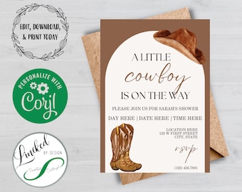 May include: A brown and white baby shower invitation with a watercolor illustration of a cowboy hat and boots. The text reads "A little cowboy is on the way".
