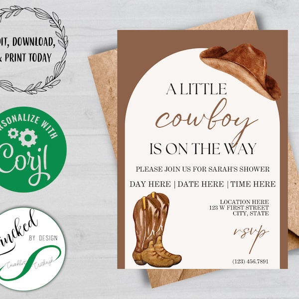 A Little Cowboy Is On The Way | Baby Shower Invitation | EDITABLE | Digital Download