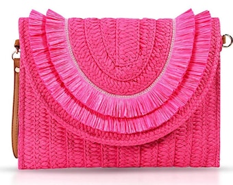 Pink Straw Clutch Crossbody Handbag Envelope Purse Woven Fringed Boho Bag for Beach Party Summer Vacation Gift Girl Women Bridesmaid