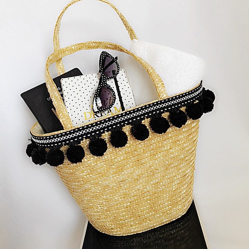 Straw Tote Hand Bag Black White Pom Pom Boho Style Handmade Etsy