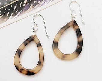 Blonde Teardrop Tortoise Shell Earrings Acrylic Sterling Silver Plated Wire Hoops Boho Style Jewelry Handmade Gift for Her Woman Girl