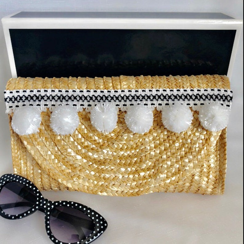 Straw Clutch Pom Pom Black White Purse Hand Bag Boho Style Etsy