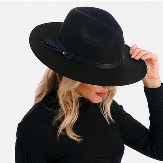 Black Wide Brim Hat Fedora Wool Blend Felt Panama Boho Chic - Etsy