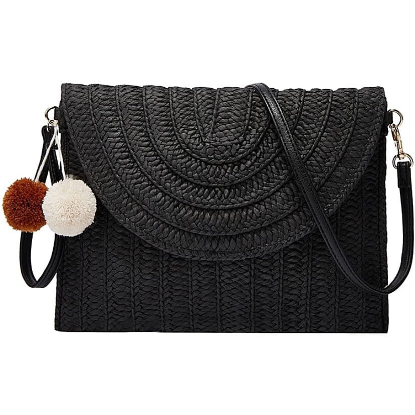 Black Straw Clutch Crossbody Handbag Envelope Purse Woven Etsy