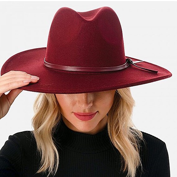 Burgundy Wide Brim Fedora Hat Wool 