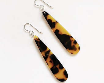 Amber Tortoise Shell Earrings Long Teardrop Sterling Silver Plated Wire Boho Dangle Style Acrylic Jewelry Handmade Gift for Her Women