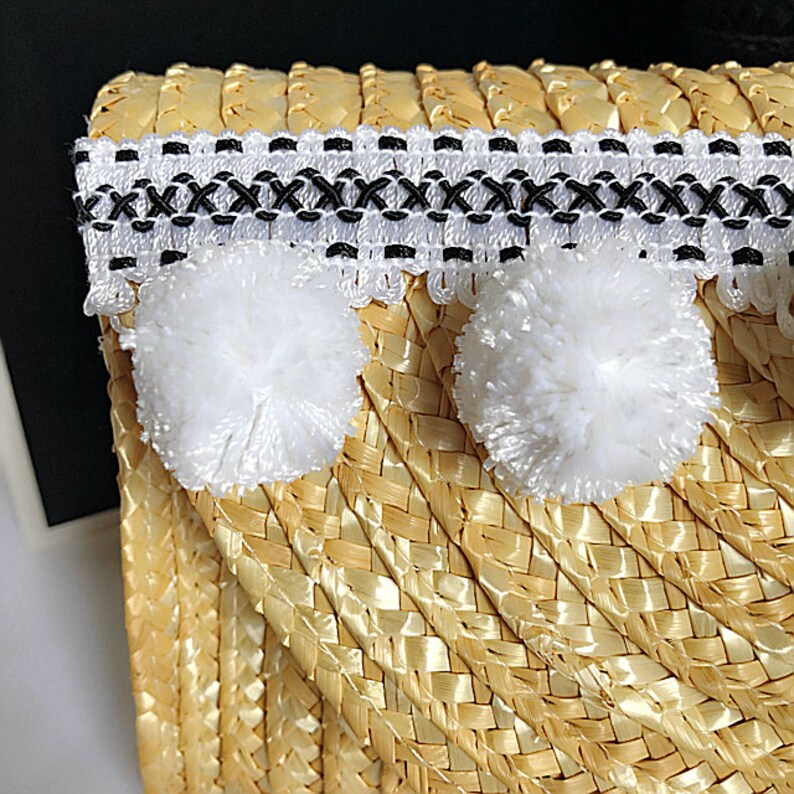 Straw Clutch Pom Pom Black White Purse Hand Bag Boho Style Etsy