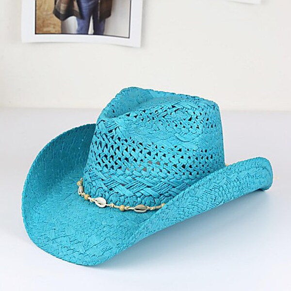 Straw Cowboy Sun Hat Turquoise Wide Brim Cowgirl Stetson Western  Panama Hat Boho Style for Spring Summer Beach Bachelorette Vaca Gift Her