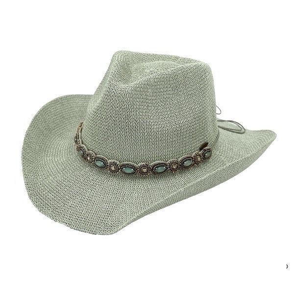 Cowboy Sun Hat Pearl Rhinestone Wide Brim Cowgirl Stetson Jewel Western Fedora Panama Sun Hat Boho Green for Party Vacation Gift Women