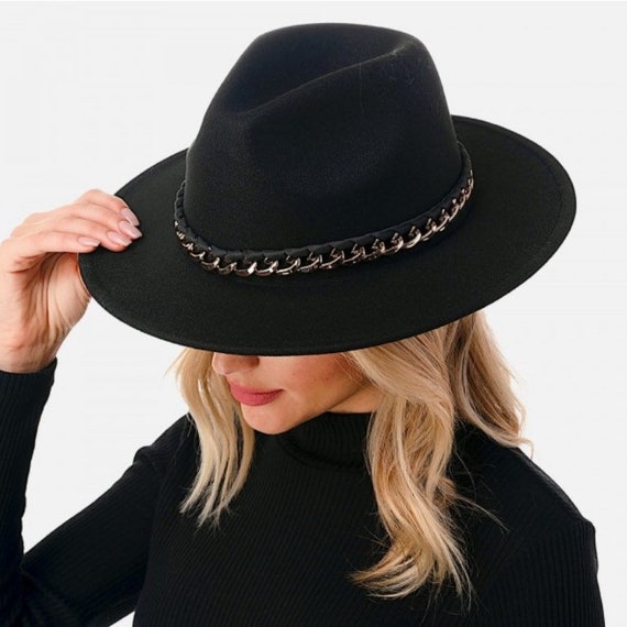 Black Fedora Hat Wide Brim Wool Felt 