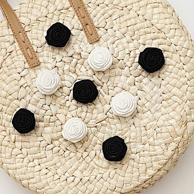 Round Rattan Straw Handbag Tote Purse Boho Style Black White Natural Handmade for Her Summer Spring Wedding Party Vacation Beach Market