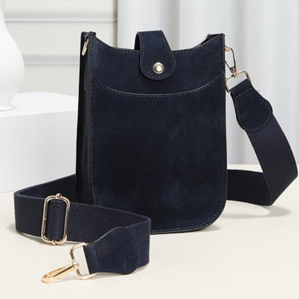 Suede Leather Crossbody Navy  Envelope Handbag Saddle Purse Guitar Strap Fall Winter Holiday Accessories New Boho Gift for Her Women Girl