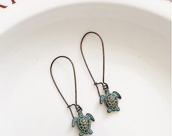Sea Turtle Earrings Tortoise Turquoise Patina Dangles Boho Beach Ocean Style Jewelry Handmade Gift for Her Woman Girl Spring Summer