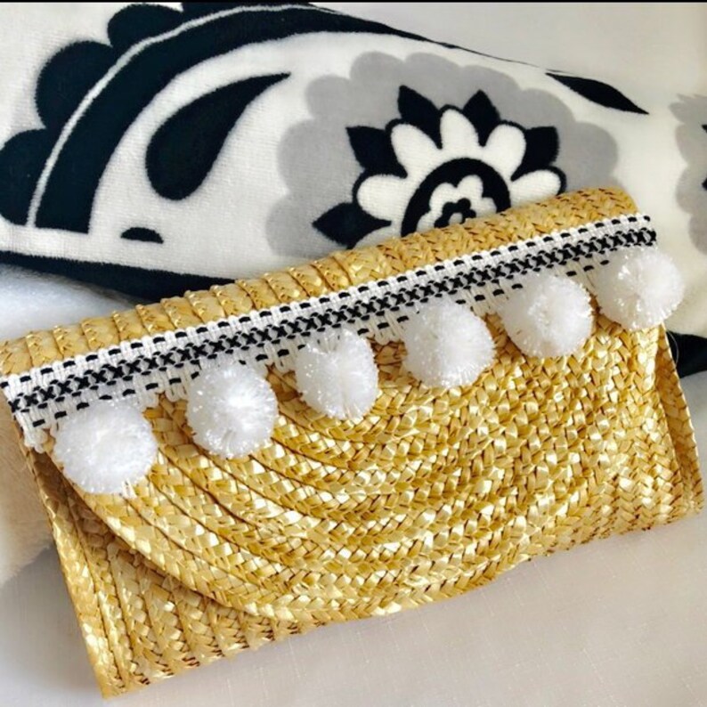 Straw Clutch Pom Pom Black White Purse Hand Bag Boho Style Etsy