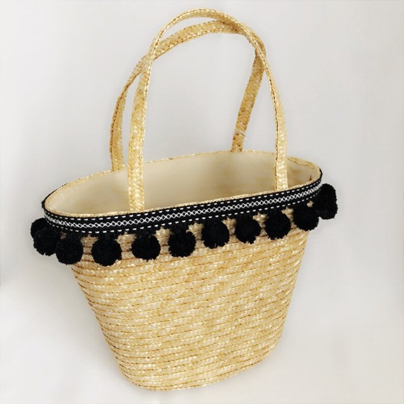 Straw Tote Hand Bag Black White Pom Pom Boho Style Handmade Etsy