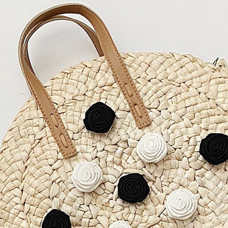 Round Rattan Straw Handbag Tote Purse Boho Style Black White Natural Handmade for Her Summer Spring Wedding Party Vacation Beach Market