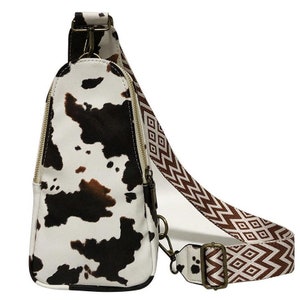 Aztec Strap Leopard/Cow Print Crossbody Sling Bag Cream Leopard