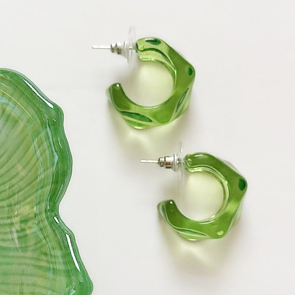 Lucite Hoop Earrings Acrylic Chunky Transparent Hoops Emerald Green  Earrings Boho Style Jewelry Handmade Gift Her Women Girl Summer Spring