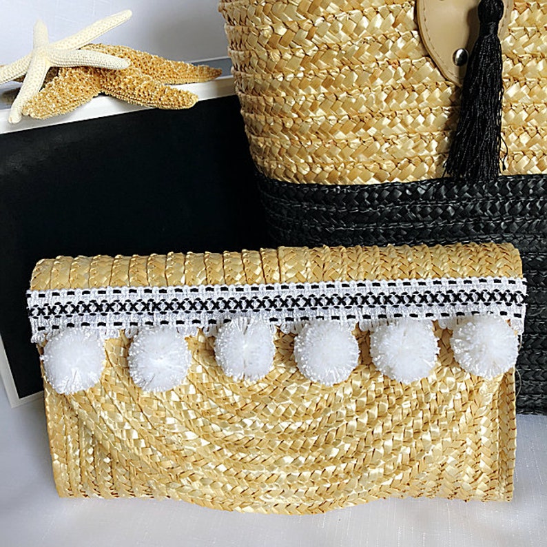 Straw Clutch Pom Pom Black White Purse Hand Bag Boho Style Etsy