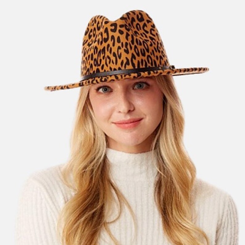 Leopard Fedora Hat Wide Brim Felt Hat Flat Stiff Brim Hat Etsy