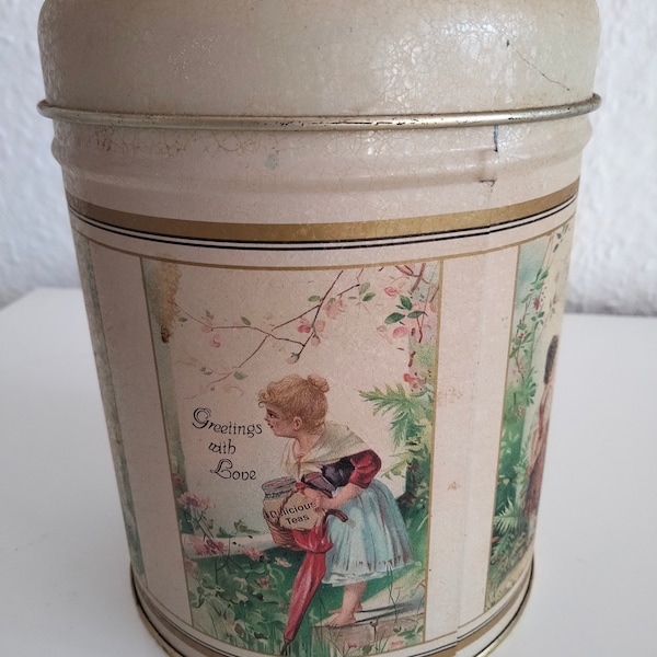 englische Teedose aus Blech mit Jugendstilmalerei Vintage