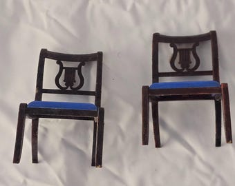 Set of 2 Vintage Dining Table Chairs Dollhouse Furniture Brown Blue Plastic 2.5"